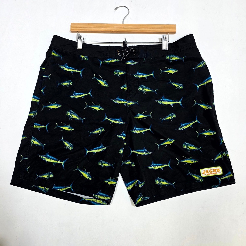 Jacks Surfboards Board Shorts Mens 36 Black Mahi‎ Mahi Marlin Fish Print Trunks